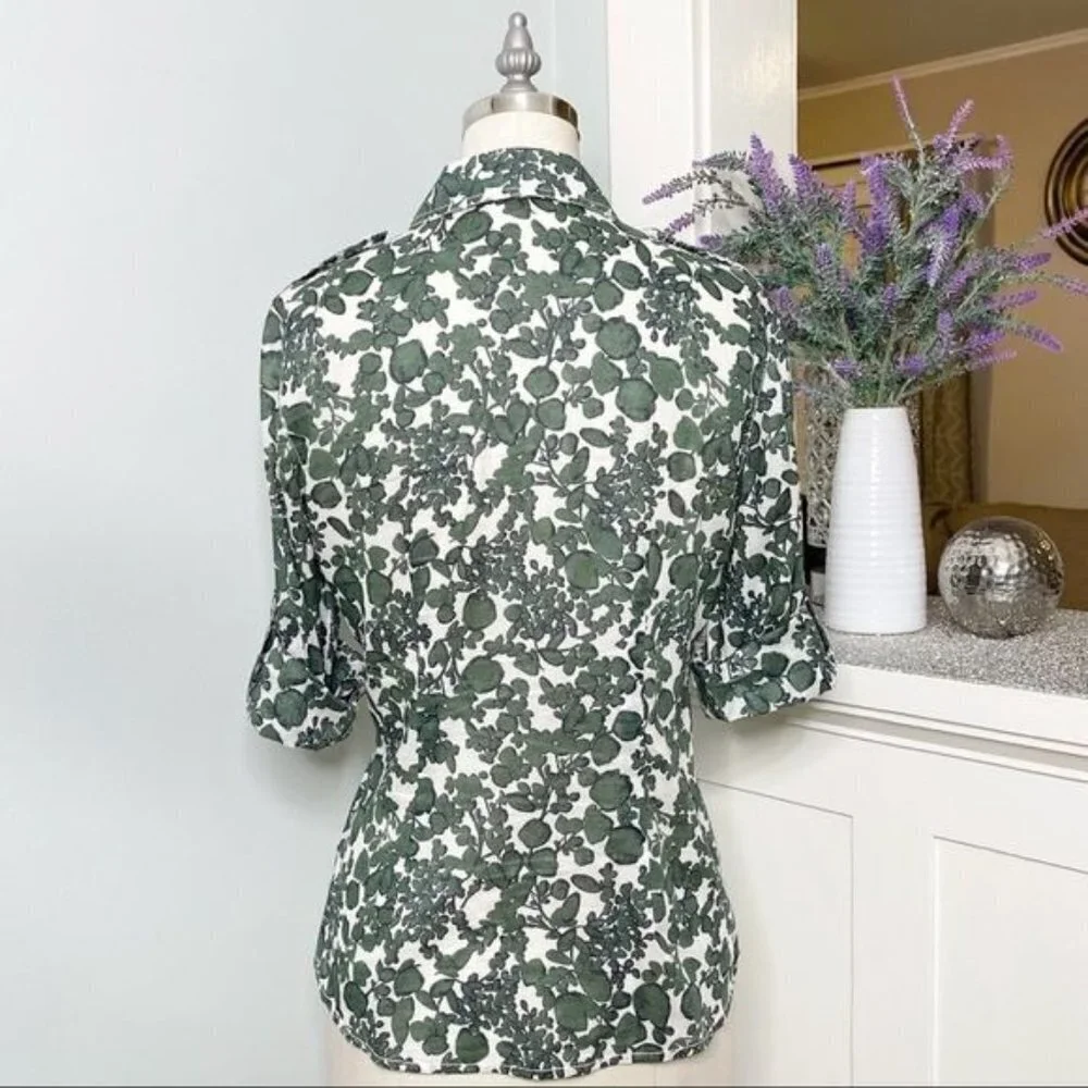 Tory Burch Issy Vine Leaf Print Button Down Shirt Utility Roll Tab 2 XS